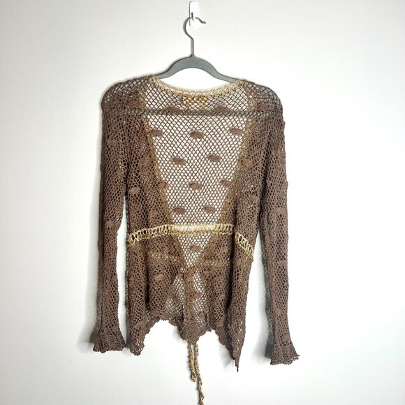 Vtg Kroshetta by Papillon Brown Crochet Beaded Open Knit Cardigan Boho Y2K Sz M - Picture 6 of 6